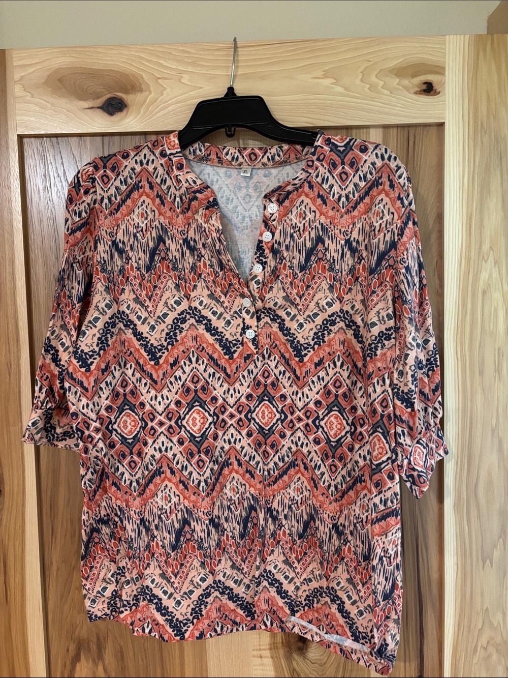 Boho Chevron Print Button-Front Tunic in Coral & Navy